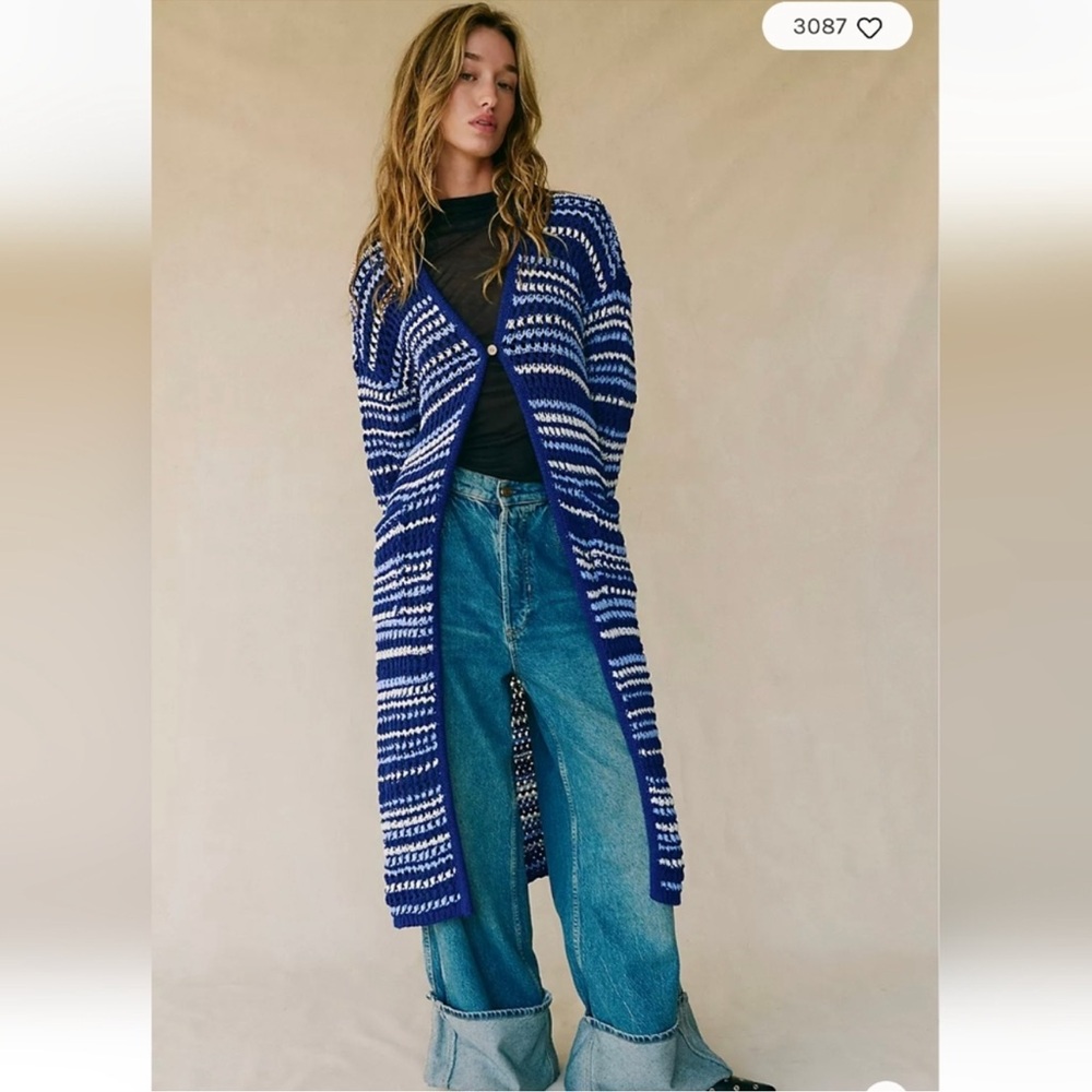 Free People Blue and White Striped Long Knit Cardigan